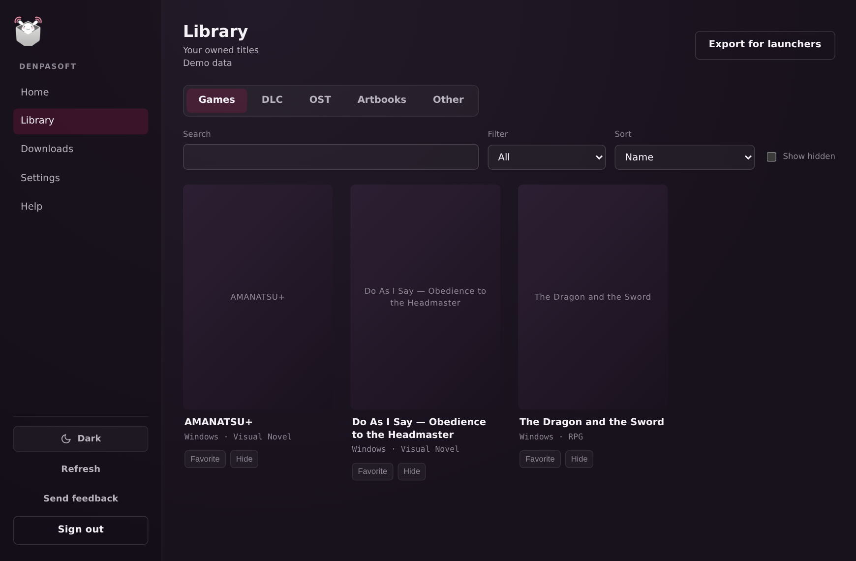 The Denpasoft desktop app's library: a grid of owned titles with cover art, category tabs, and search and sort controls.